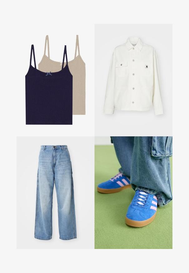 Biela bavlnená bunda so zapínaním na gombíky, dvoma náprsníkmi a štvorcovou nášivkou. Uvoľnený strih s dlhými rukávmi a viditeľným šitím.; Dve rebrované tielka, jedno námornícke s modrou mašľou a druhé krémové s striebornou mašľou, s nastaviteľnými ramienkami a textúrovaným povrchom.; Svetlomodré džínsy s širokým strihom a vysokým pásom, so bočnými vreckami a vyblednutou textúrou, vyrobené z denimu.; Modré semišové topánky s ružovými pruhmi a bielymi šnúrkami, s gumenou podrážkou, skombinované s voľnými džínsami na zelenej ploche.