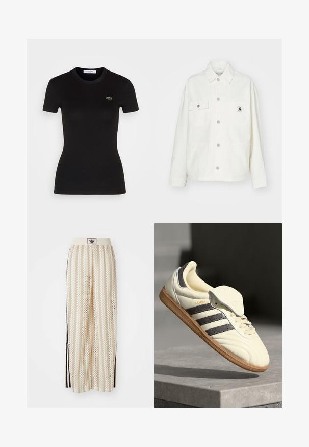 Λευκό βαμβακερό μπουφάν με κουμπωτή μπροστινή όψη, δύο τσέπες στο στήθος και τετράγωνη ετικέτα λογότυπου. Χαλαρή εφαρμογή με μακριά μανίκια και εμφανή ραφή.; Μαύρο ριμπ κοντομάνικο μπλουζάκι με στρογγυλή λαιμόκοψη, που διαθέτει το μικρό πράσινο λογότυπο κροκοδείλου Lacoste στο αριστερό στήθος.; Κρεμ παντελόνια σε άλμα με ευρεία γραμμή και μοτίβο ζικ-ζακ, διαθέτοντας ζώνη με μαύρο λογότυπο και πλευρικές μαύρες ρίγες. Ελαφρύ, υφασμάτινο ύφασμα.; Κρέμ δερμάτινο sneakers με τρεις σκούρες ρίγες, καφέ γόμα σόλα και στρογγυλή μύτη. Περιλαμβάνει αναδιπλούμενη γλώσσα με την ετικέτα "SAMBA."