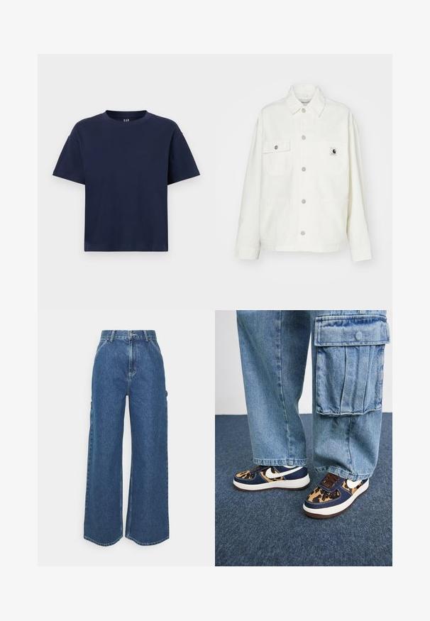 Veste en coton blanc avec un devant à boutons, deux poches sur la poitrine et un patch logo carré. Coupe décontractée avec des manches longues et des coutures visibles.; T-shirt en coton bleu marine avec un col rond et des manches courtes, offrant une coupe décontractée et un design minimaliste. Aucune motif ni accent.; Pantalons en denim bleu à jambes larges avec taille haute, couture contrastée et poches latérales, présentant un design classique à cinq poches et des ourlets bruts.; Baskets bleu marine avec des accents en imprimé léopard, un swoosh Nike blanc, des lacets marron et une semelle intermédiaire blanche. Associées à un pantalon cargo en denim clair.
