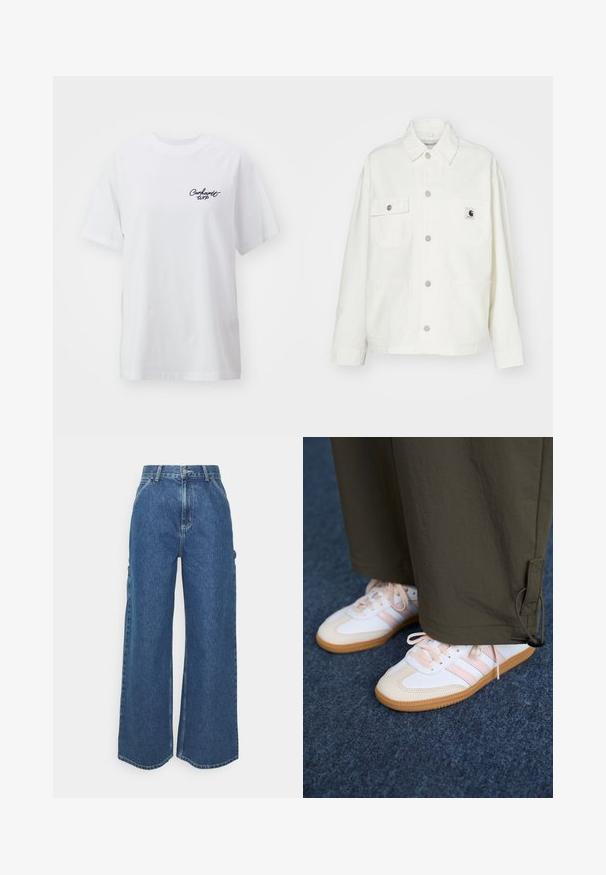 Jachetă albă din bumbac cu un închidere tip buton, două buzunare pe piept și o etichetă pătrată cu logo. Croială lejeră, cu mâneci lungi și cusături vizibile.; Tricou alb din bumbac cu o croială lejeră. Prezintă mâneci scurte și un mic logo negru „Carhartt WIP” pe partea stângă a pieptului.; Pantaloni din denim albastru cu talie înaltă și picioare largi, cu o cusătură contrastantă și buzunare laterale, având un design clasic cu cinci buzunare și margini brut.; Adidași albi cu dungi roz și talpă din cauciuc purtați cu pantaloni verzi măslinii, pe un podea texturată albastră.