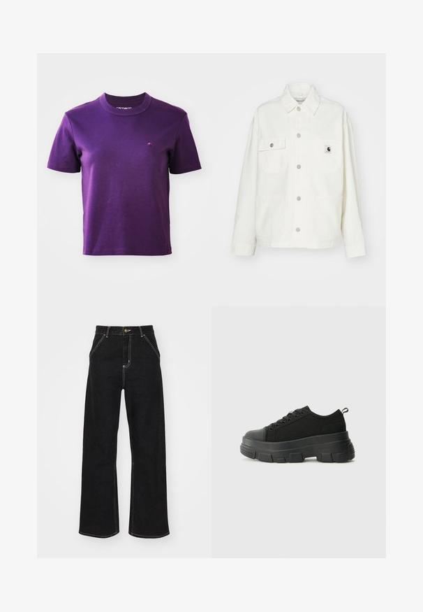 White cotton jacket featuring a button-up front, two chest pockets, and a square logo patch. Relaxed fit with long sleeves and visible stitching.; Purple cotton t-shirt with a round neckline and short sleeves; features a small embroidered logo on the chest. Smooth texture, no patterns.; Black wide-leg jeans made of denim, featuring contrasting white stitching and a front button closure, with two angled front pockets.; Black sneakers with a chunky rubber sole, textured fabric upper, round toe, and lace-up design. Features reinforced eyelets and back pull tab.