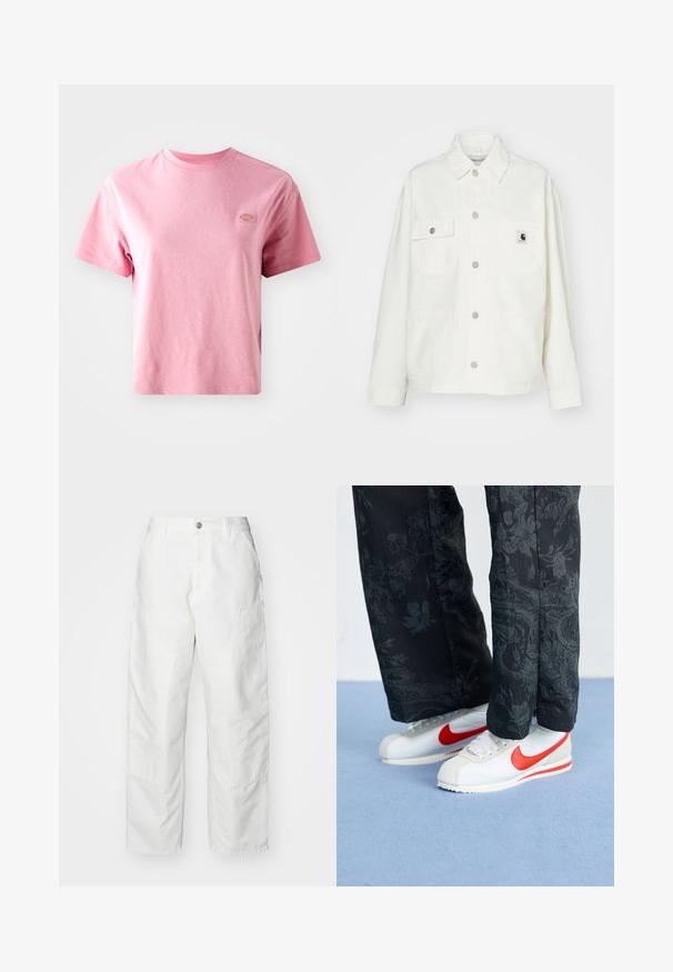 Jachetă albă din bumbac cu un închidere tip buton, două buzunare pe piept și o etichetă pătrată cu logo. Croială lejeră, cu mâneci lungi și cusături vizibile.; Tricou din bumbac roz, cu mâneci scurte, de tip crew neck, și un patch rectangular cu logo în zona stânga a pieptului. Textură netedă, croială lejeră.; Pantaloni cargo albi din denim, cu o croială relaxată, buzunare laterale și detalii de cusătură vizibile. Față simplă cu închidere prin buton.; Adidași albi Nike cu accente roșii, asortați cu pantaloni negri cu un model floral. Textura este netedă, cu o talpă plată împletită.