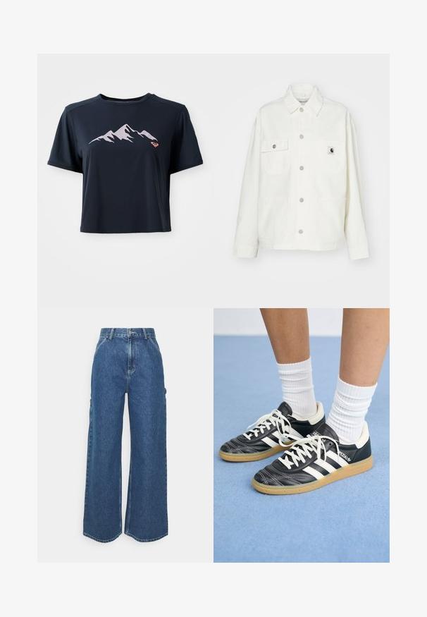 Valge puuvillane jakk, millel on nööpidega eest kinni klappimine, kaks rinnanappi ja ruudukujuline logopatch. Mugav lõige, pikad varrukad ja nähtavad õmblused.; Tumed sinine lühike t-särk, mis on valmistatud siledast kangast, millel on hele roosa mäe grafika ja väike oranž logo vasakul alaspool.; Laiene jalad sinised denim püksid kõrge vöökohaga, kontrastsete õmblustega ja küljetaskutega, klassikalise viie taskuga disainiga ja toore servaga.; Mustad nahast tennisetossud valgete triipudega, ümar nina, valged paelad ja kummist tallad. Esiletõstetud pehmendatud krae ja brändingu detailid.