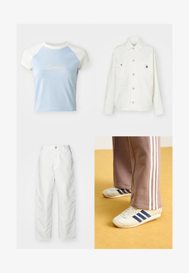 Balta medvilninė striukė su sagų užsegimu priekyje, dviem krūtinės kišenėmis ir kvadrato formos logotipo etikete. Laidus kirpimas, ilgomis rankovėmis ir matomais siūlais.; Šviesiai mėlynas trumpas marškinėliai su trumpomis baltomis raglan rankovėmis. Priekyje yra dekoratyvinėmis raidėmis išsiuvinėtas "Dickies" tekstas.; Balti džinsiniai cargo kelnės, turinčios laisvą siluetą, šonines kišenes ir matomus siuvimo detales. Paprastas priekinis dizainas su mygtuko uždarymu.; Kreminės sportinės bateliai su mėlynos nubuko juostelėmis, baltos raišteliais ir guminėmis padangomis. Sukomplektuota su pilkomis sportinėmis kelnėmis, turinčiomis baltas šonines juosteles.