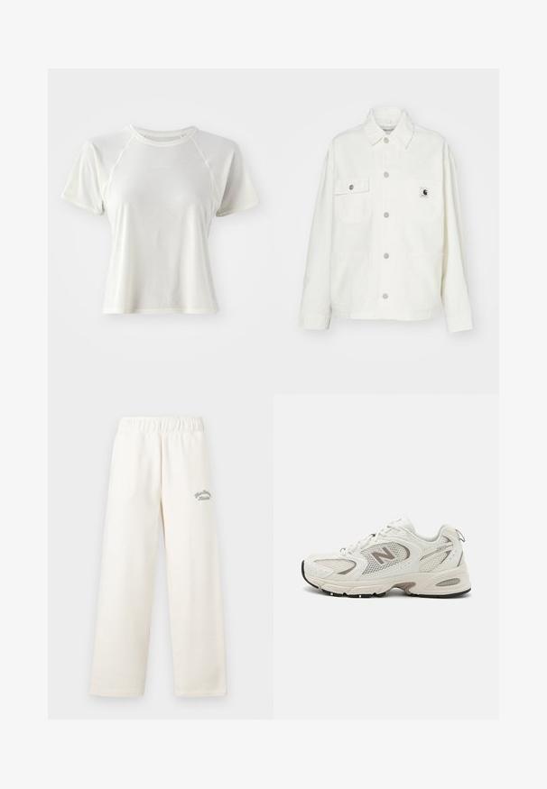 Bela bomba iz bombaža z gumbom na sprednji strani, dvema žepoma na prsih in kvadratno oznako. Ohlapen kroj z dolgimi rokavi in vidnim šivanjem.; Lahka kratka majica s kratkimi rokavi v bledi smetani, z strukturirano tkanino, raglan rokavi in majhnim logotipom "Salomon" na sprednji strani.; Kremne široke hlače izdelane iz mehkih materialov z elastičnim pasom. Na sprednji strani se nahajajo subtilni zeleni vezeni napisi.; Bela mrežasta tekaška obutev z sivo akcenti, zaokroženim prstom, vezalnim dizajnom, oblazinjenim podplatom in vidnim logotipom "N" na strani.