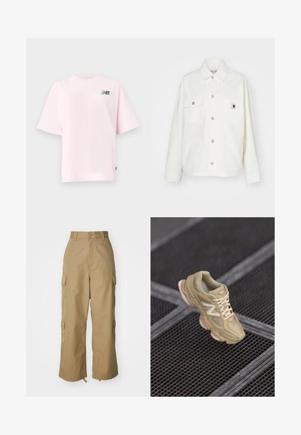 Biela bavlnená bunda so zapínaním na gombíky, dvoma náprsníkmi a štvorcovou nášivkou. Uvoľnený strih s dlhými rukávmi a viditeľným šitím.; Tričko s krátkym rukávom a okrúhlym výstrihom v svetloružovej bavlnenej farbe, so živým logom New Balance na ľavej hrudi. Bežný strih, mäkká textúra.; béžové cargo nohavice s vysokým pásom, širokými nohavicami a štyrmi veľkými bočnými vreckami. Vyrobené z odolnej tkaniny s hladkou textúrou a minimálnymi detailmi.; Bežová atletická obuv z nylonu a semišu, štruktúrovaný zvršok, zaoblená špička, hrubá podrážka a výrazné logo. Šnúrky v zodpovedajúcej farbe.
