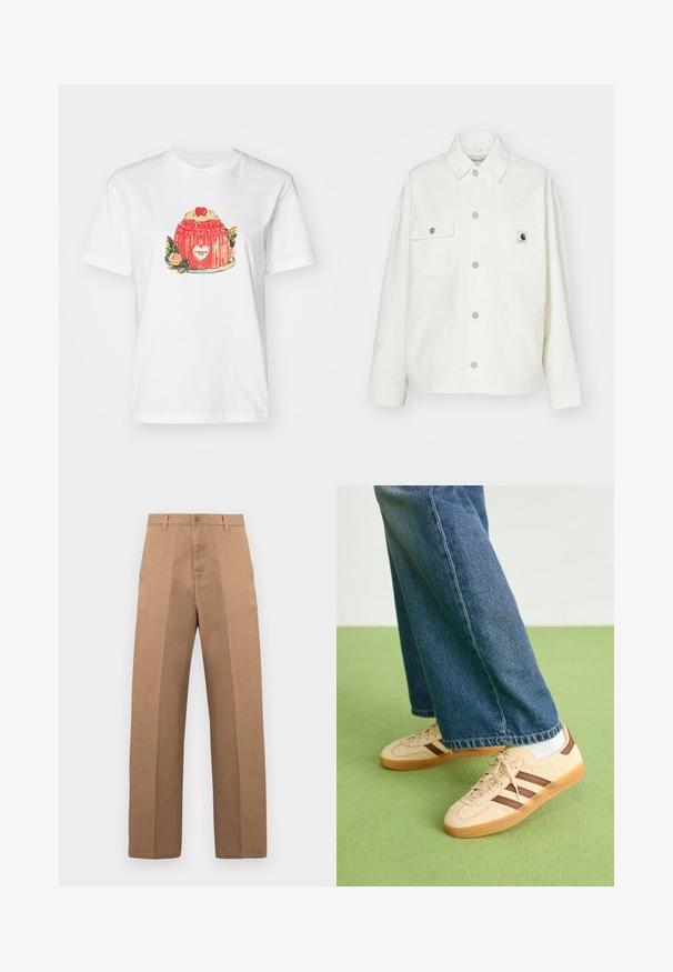 Bela bomba iz bombaža z gumbom na sprednji strani, dvema žepoma na prsih in kvadratno oznako. Ohlapen kroj z dolgimi rokavi in vidnim šivanjem.; Bela bomba majica iz bombaža z barvito ilustracijo slastice z višnjo na vrhu in cvetličnimi akcenti, centrirana na sprednji strani.; Rjave bombažne hlače z ravnim krojem, z zaponko na gumb, zankami za pas in minimalnimi šivi za čist videz.; Bež teniske z teksturiranimi kremnimi paneli in rjavimi črtami, v kombinaciji z modrimi kavbojkami. Kavbojke imajo široke hlačnice in raztrgan rob.