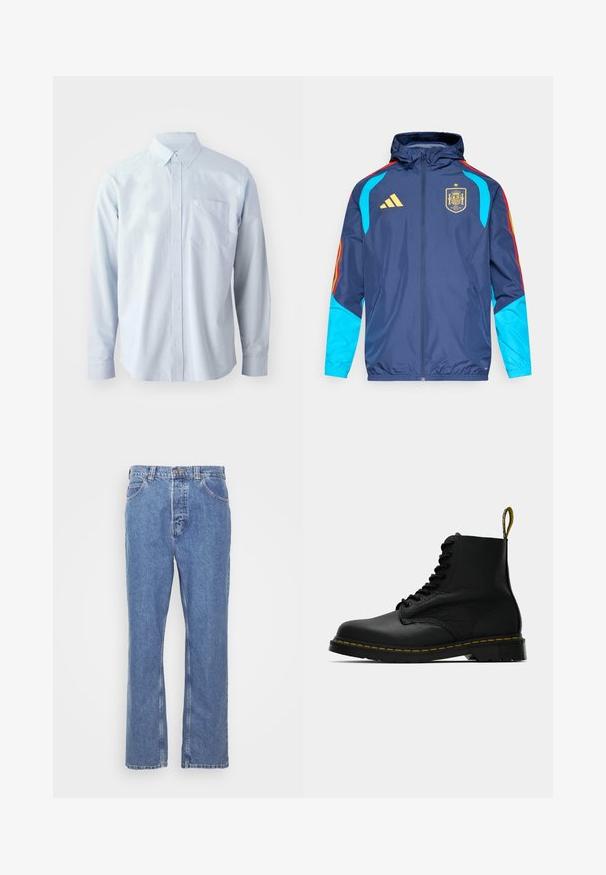 Tengerészkék kapucnis dzseki kék ujjakkal, piros és sárga díszítéssel, valamint arany színű Adidas logóval. A spanyol nemzeti csapat címere látható rajta.; Világoskék, hosszú ujjú, pamut ing. Gombos gallérral, elülső gombokkal és bal oldalon egy mellzsebbel rendelkezik.; Kék farmernadrág egyenes szabással, öt zsebes dizájnnal, övpántokkal és gombos zárással. Az anyag puha, textúrált felületű.; Fekete bőr, fűzős bokacsizma, sárga varrással a talpon és márkázott húzófüllel a saroknál, oldalról, sima háttérrel.