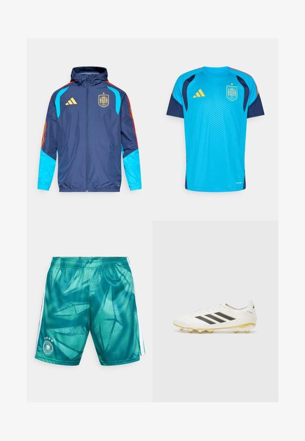 Navy jacket with a hood, featuring blue sleeves, red and yellow accents, and gold Adidas logo. Displays Spain national team crest.; Turquoise and navy athletic jersey with short sleeves, round neckline, and yellow accents. Displays Spain crest and Adidas logo.; Shorts in a teal color with a textured, abstract pattern. Features white side stripes and a logo with four stars on the left leg.; White soccer cleat featuring three black stripes, textured upper, and yellow cleat studs. The design includes a subtle pattern and logo detail.