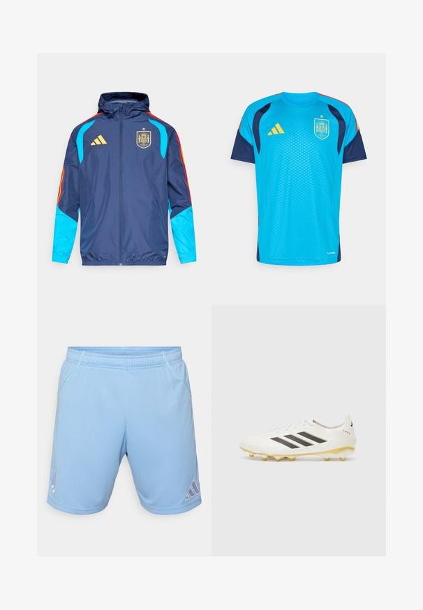 Mornarska jakna s kapuco, z modrimi rokavi, rdeče-žutimi poudarki in zlatim logotipom Adidas. Prikazuje grb španske reprezentance.; Turkizna in mornarsko modra atletska majica s kratkimi rokavi, okroglim izrezom in rumenimi detajli. Prikazuje grb Španije in logotip Adidas.; Svjetloplave atletske šortse izrađene od glatke tkanine, s kontrastnim žutim šavovima i Adidas logotipom na donjoj strani.; Bela nogometna kopačka z dvema črnima črtama, teksturirano zgornje stanje in rumeni kopački. Oblikovanje vključuje subtilen vzorec in podrobnosti logotipa.