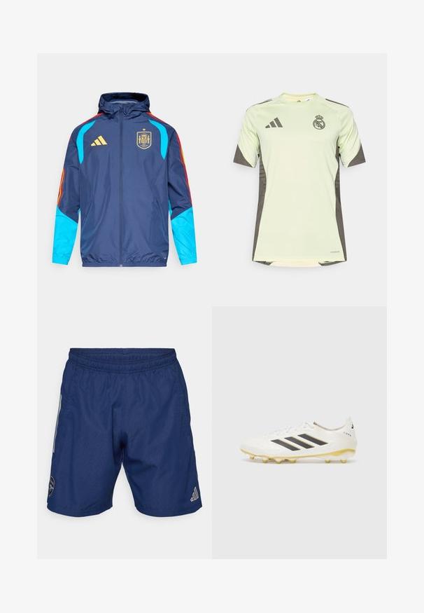 Mornarska jakna s kapuljačom, s plavim rukavima, crvenim i žutim detaljima te zlatnim Adidas logotipom. Prikazuje grb španjolske nacionalne reprezentacije.; Svijetlozeleni kratki rukav dres s tamnosivim detaljima, na prsima s timskim logom, izrađen od prozračnog materijala s tehnologijom odvlačenja vlage.; Morske plave atletske kratke hlače izrađene od laganog materijala, s elastičnim pojasom, bočnim džepovima i Adidasovim logotipom na donjem desnom dijelu.; Bijela nogometna kopačka sa tri crne pruge, teksturiranim gornjim dijelom i žutim šiljcima. Dizajn uključuje suptilan uzorak i detalj s logom.