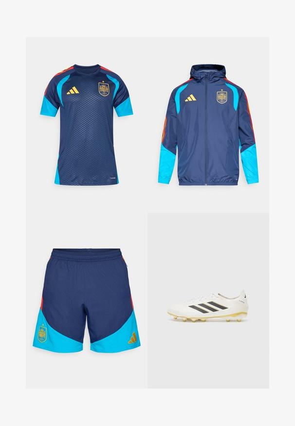 Veste marine avec capuche, manches bleues, accents rouges et jaunes, et logo Adidas doré. Affiche le blason de l'équipe nationale d'Espagne.; Maillot de football bleu marine avec manches turquoise, accents rouges aux épaules, logo Adidas jaune et blason de l'équipe nationale d'Espagne sur la poitrine.; Shorts de sport bleu marine avec accents turquoise et rouges, taille élastique, et logo doré sur la jambe gauche et à l'arrière.; Chaussure de football blanche dotée de trois rayures noires, d'un upper texturé et de crampons jaunes. Le design comprend un motif subtil et un détail de logo.