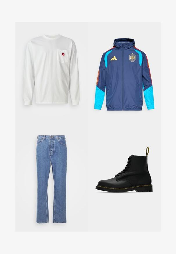Mornarska jakna s kapuco, z modrimi rokavi, rdeče-žutimi poudarki in zlatim logotipom Adidas. Prikazuje grb španske reprezentance.; Bela majica s dolgimi rokavi iz bombaža, ki ima žep na levi strani prsi z rdečim srčnim aplikacijam. Klasičen kroj s krožnim izrezom in rebrastimi manšetami.; Modre jeans s ravnim krojem, petimi žepi, zankami za pas in gumbom za zapiranje. Tkanina ima mehak, teksturiran zaključek.; Črne usnjene gležnjarje na vezalko z rumenimi šivi na podplatu in z označenim zanko na peti, prikazane s strani na enobarvni podlagi.