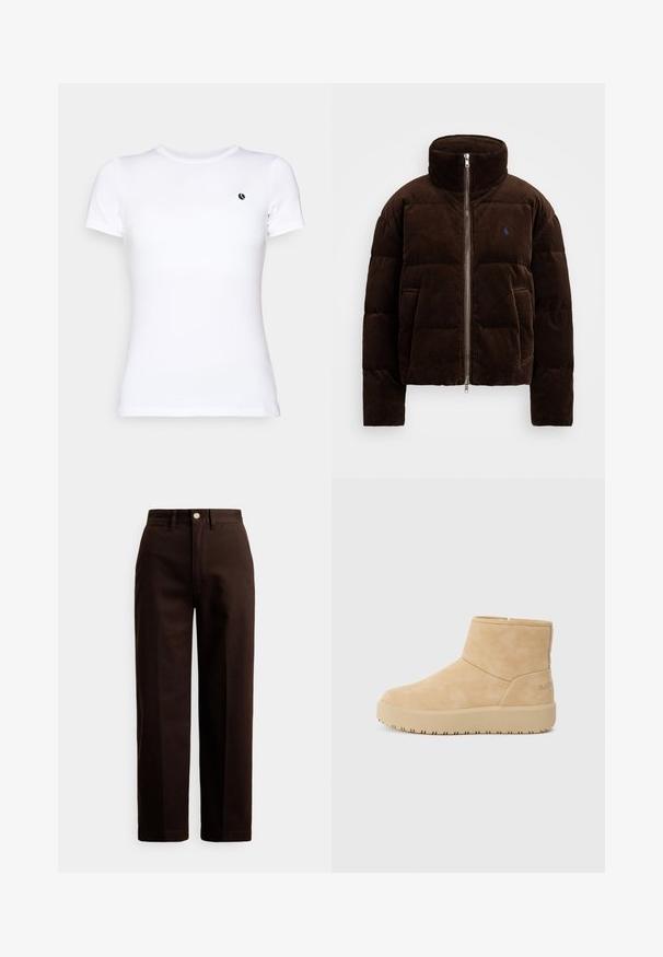 Brūns korduroja pūkains mētelis ar augstu apkakli, ar rāvējslēdzēju priekšā un zilu logotipa detaļu. Ievērojama kvadrātveida forma un gluda virsma.; Balta īsām piedurknēm T-kreklā, kas izgatavots no gludas kokvilnas. Tam ir mazs melns logo uz krūtīm, apaļš kakls un klasiskā piegriezums.; Tumši brūnas taisna griezuma bikses ar pogu un rāvējslēdzēja aizdari, jostas cilpām un priekšējām kabatām baltā fonā.; Beige potītes, kas izgatavotas no mīksta zamša ar teksturētu apdari, ar minimālistisku dizainu un masīvu gumijas zoli, kas nodrošina saķeri.