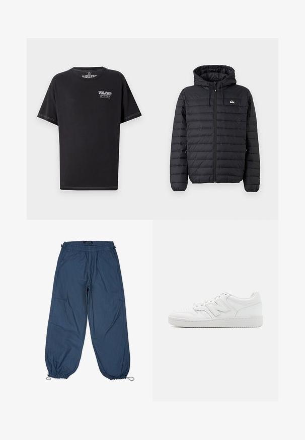 Black quilted hooded jacket with front zipper, drawstrings on hood, and small logo on left chest against plain background.; Black t-shirt made of cotton, featuring a round neckline, short sleeves, and white contrast stitching. Front displays "VOLCOM STORE" in light lettering.; Blue, lightweight pants with elastic waistband, side pockets, and tapered cuffs. Fabric has a smooth texture with minimal visible seams.; White sneaker made of smooth leather, featuring perforated toe, a textured rubber sole, flat laces, and a prominent 'N' logo on the side.