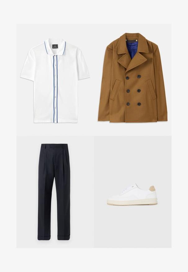 Brūns vilnas peacoat ar divkāršu pogu aizdari, lieliem apkaklītes galiem un melnām pogām. Iespējas sānu kabatas un zilu iekšējo oderi.; Balta polo krekls ar zilu akcentu ap apkakli un pogu rindu, kas ir ar īsām piedurknēm un klasisku pogu aizdari.; Tiger of Sweden TREYTON - Auduma bikses - dark ink; Baltās zemas kedas ar faktūru ādas virsu, krēmkrāsas rievojamu zoli un brūnu pacēlumu uz papēža. Iekļauj baltas auklas un logo detaļu uz papēža.