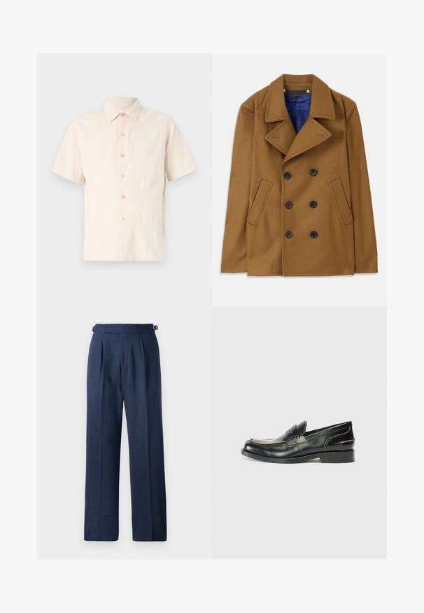 Abrigo de lana marrón tipo peacoat con un diseño de doble botonadura, amplios solapas y botones negros. Con bolsillos laterales y un forro interior azul.; Camisa de botones de manga corta en beige claro, hecha de tela texturizada, con un cuello clásico y seis botones de color claro.; Pantalones ajustados azul marino, confeccionados en tela texturizada, con una cintura alta, pinzas y tirantes laterales ajustables para un mejor ajuste.; Mocasines de piel negra con un diseño elegante, que presentan costuras sutiles y un tacón bajo, exhibidos sobre un fondo blanco liso.