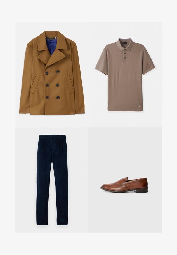 Bruine wollen peacoat met een dubbelzijdig ontwerp, grote revers en zwarte knopen. Voorzien van zijzakken en een blauwe binnenvoering.; Bruine poloshirt met een gestructureerde afwerking, korte mouwen, drie zwarte knopen en een klein logo rechts onderaan.; Donkerblauwe corduroy broek met voorplooien, riemlussen, zijzakken en een knoop- en ritssluiting, plat gelegd op een witte achtergrond.; Bruid leren instappers met een ronde neus, minimale stiksels en een lage blokhak. Kenmerkt zich door een decoratieve band over de wreef.