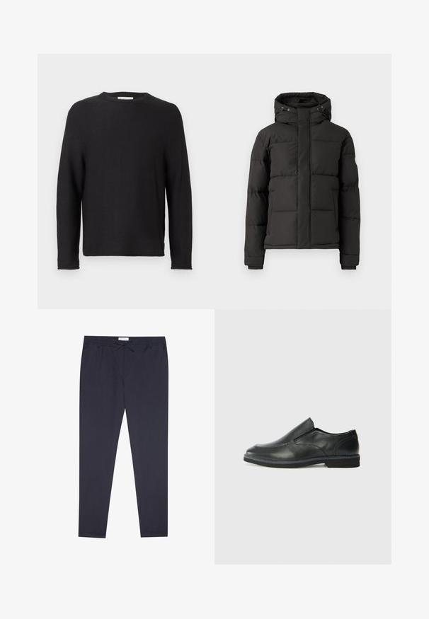 Svart dunjakke med glidelås foran, hette og ribbede mansjetter; har quiltede seksjoner for isolasjon og et logo-patch på ermet.; Svart strikket genser med rund hals og lange ermer. Har ribbet tekstur og sømmetter, med et merke på halsen.; Marineblå bukser laget av lett stoff; har en elastisk midje med snøring og smale ben. Jevn tekstur uten synlige mønstre.; Sorte skinn slip-on sko med en jevn overflate, stikking detaljer, rund tå og en lav gummihæl. Sålen har minimal mønstring.