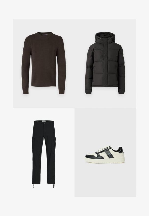 Must must jumpparkas, millel on lukuga esiosa, kapuuts ja soonikkoes järjekorrad; sisaldab isoleerimiseks tikitud sektsioone ja logotaskut varrukal.; Tumepruun kampsun, millel on tekstureeritud, soonikdisain. Ümar kaelus ja pikad varrukad, sobivate sääreotsadega ja sirge äärega.; Mustad mustad püksid sirge lõikega, külje taskutega, nööbiga kinni ja elastsete paeltega pahkluudes. Valmistatud vastupidavast kangast.; Nahatud nahkkingad musta ja kreemi värviskeemiga, millel on perforeeritud aktsendid, pehme krae ja tekstureeritud tallad.