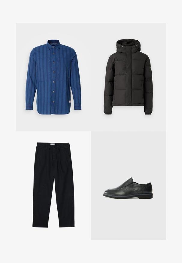 Svart dunjakke med glidelås foran, hette og ribbede mansjetter; har quiltede seksjoner for isolasjon og et logo-patch på ermet.; Blåstripet langermet skjorte laget av myk stoff, med knapplukking foran, to brystlommer og klassisk krage.; Pier One Chinos - black; Sorte skinn slip-on sko med en jevn overflate, stikking detaljer, rund tå og en lav gummihæl. Sålen har minimal mønstring.