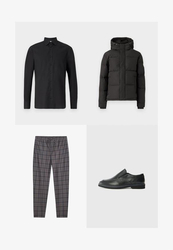Casaco puff preto com fecho em zíper à frente, capuz e punhos canelados; apresenta seções quiltadas para isolamento e um logotipo em um dos braços.; Camisola preta de manga longa feita de tecido suave, apresentando um colarinho clássico, fecho frontal com botões, punhos ajustáveis e um corte ajustado.; Calças cinzentas em padrão xadrez com cintura elástica e cordão de ajuste. O material parece macio, com uma textura subtil e linhas pretas contrastantes no padrão.; Sapato slip-on preto em pele com um upper liso, acabamentos cosidos, bico arredondado e um salto de borracha baixo. A sola apresenta um padrão de aderência mínimo.