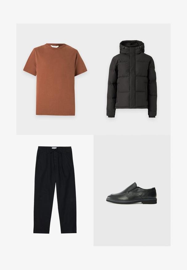 Casaco puff preto com fecho em zíper à frente, capuz e punhos canelados; apresenta seções quiltadas para isolamento e um logotipo em um dos braços.; Camiseta de crew neck de manga curta marrom, feita de algodão suave, com um design simples sem padrões ou adornos visíveis.; Pier One Chinos - black; Sapato slip-on preto em pele com um upper liso, acabamentos cosidos, bico arredondado e um salto de borracha baixo. A sola apresenta um padrão de aderência mínimo.