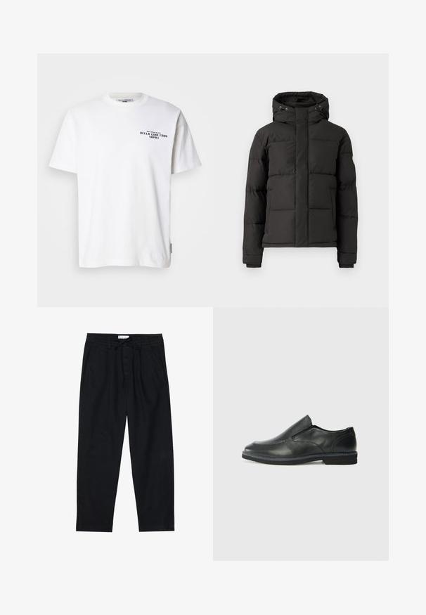 Black puffer jacket with a zip front, hood, and ribbed cuffs; features quilted sections for insulation and a logo patch on the sleeve.; White cotton t-shirt with short sleeves, round neck, featuring black text that reads "BELLA CIAO FROM NAPOLI" and a brand label on the side.; Pier One Chinos - black; Black leather slip-on shoe with a smooth upper, stitched accents, rounded toe, and a low rubber heel. Sole features minimal tread.