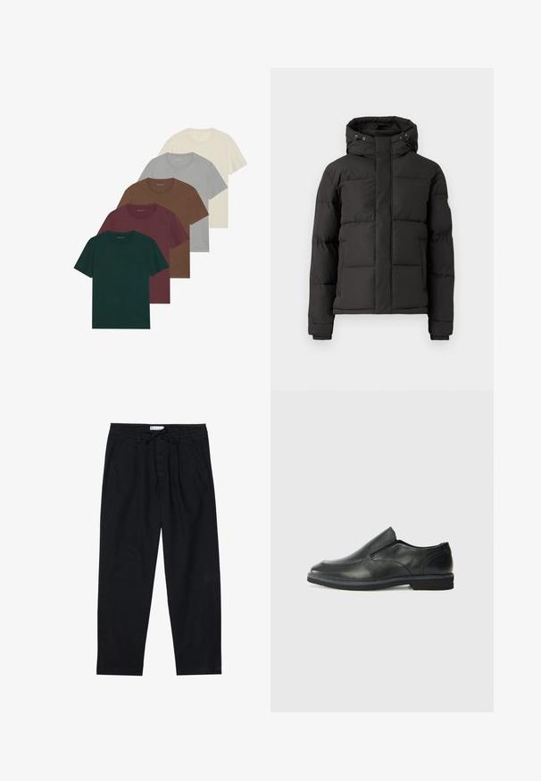 Czarna kurtka puchowa z zapięciem na zamek, kapturem i ściągaczami; posiada pikowane sekcje dla izolacji oraz naszywkę z logo na rękawie.; Pięć t-shirtów z okrągłym dekoltem w różnych kolorach: ciemna zieleń, burgund, brązowy, jasnoszary i kremowy; wszystkie mają krótkie rękawy i gładką fakturę.; Pier One - Chinosy; Czarne skórzane buty wsuwane z gładką cholewką, przeszyciami, okrągłym noskiem i niskim gumowym obcasem. Podeszwa ma minimalny bieżnik.