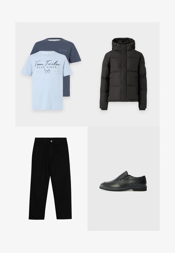 Svart dunjakke med glidelås foran, hette og ribbede mansjetter; har quiltede seksjoner for isolasjon og et logo-patch på ermet.; To T-skjorter fra Tom Tailor: en lys blå med grafisk trykk, og en mørk blå. Begge har rund hals og korte ermer.; Sorte denimbukser med rett benklipp, fem-lomme design og frontknappåpning. Jevn tekstur med minimale sømdetaljer.; Sorte skinn slip-on sko med en jevn overflate, stikking detaljer, rund tå og en lav gummihæl. Sålen har minimal mønstring.