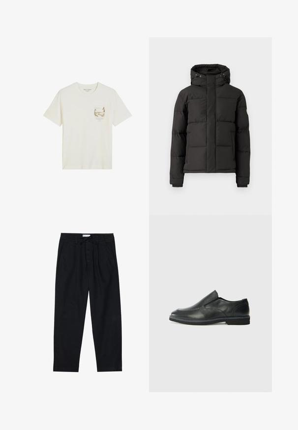 Must must jumpparkas, millel on lukuga esiosa, kapuuts ja soonikkoes järjekorrad; sisaldab isoleerimiseks tikitud sektsioone ja logotaskut varrukal.; Valge lühikese varrukaga T-särk ümmarguse kaelusega, väike looduse maastiku print ja tekst vasakus rinna tasku piirkonnas.; Pier One Chino-püksid - black; Must musta laia suuga king, millel on sile ülemine osa, õmmeldud detailid, ümmargune nina ja madal kummist konts. Tallal on minimaalne mustr.