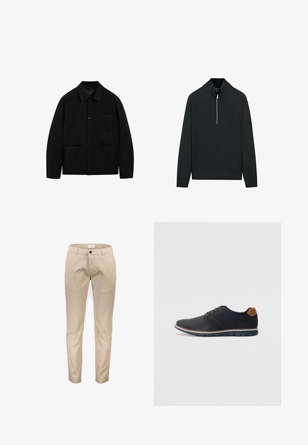 Svart knäppjacka med krage, långa ärmar och tre framfickor, visad mot en vit bakgrund.; Svart tröja med hög krage, halv dragkedja fram och ribbade ärmslut och nederkant. Tillverkad av mjukt stickat material med en slät yta.; Beiga bomullbyxor med raka ben, utrustade med framfickor, blixtlås och en knapplåsning framtill. Slät yta, utan mönster.; Svarta syntetiska skor med en strukturerad ovandel, släta detaljer, brun klack och en kontrasterande sula. Har minimal snörning och sömdetaljer.