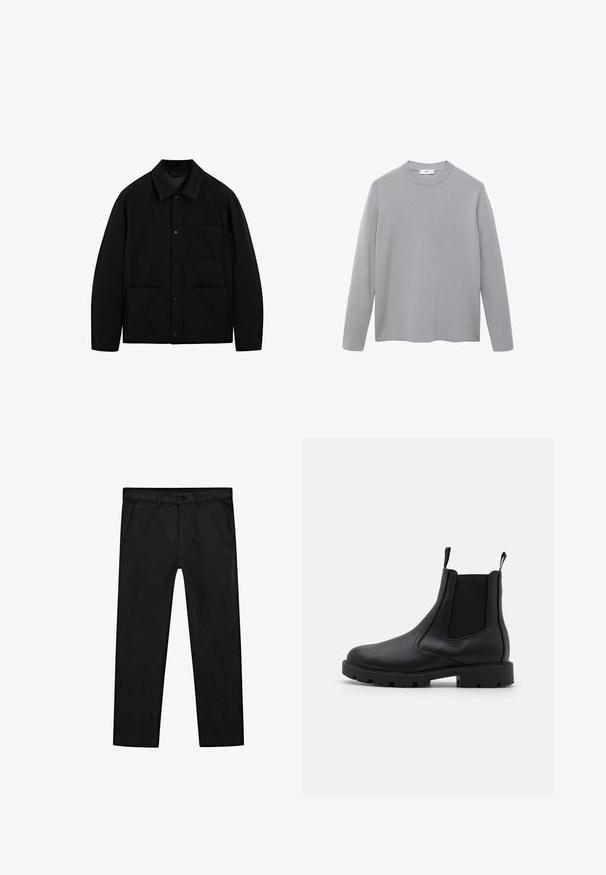 Giacca nera con bottoni, colletto, maniche lunghe e tre tasche frontali, esposta su uno sfondo bianco.; Maglietta grigia a maniche lunghe realizzata in un tessuto morbido e liscio. Presenta un collo rotondo, un design minimale e un orlo dritto senza ulteriori decorazioni.; Pantaloni neri in cotone con design a gamba dritta, tasche frontali e chiusura classica con bottone e zip. Texture liscia, vestibilità sartoriale.; Stivali Chelsea neri in pelle texturizzata, con pannelli laterali elastici, linguette e suola in gomma spessa con battistrada.