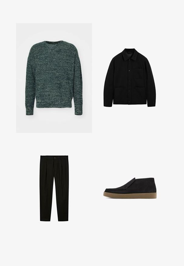 Czarna kurtka zapinana na guziki z kołnierzem, długimi rękawami i trzema przednimi kieszeniami, wyeksponowana na białym tle.; Ciemnozielony, teksturowany sweter dzianinowy z okrągłym dekoltem, długimi rękawami oraz luźnym krojem. Subtelne kontrastowe wzory z włóczki w całej konstrukcji.; Czarne dopasowane spodnie wykonane z gładkiego materiału. Cechy to płaski przód, szerokie nogawki i zapięcie na guzik w pasie.; Czarne zamszowe buty typu slip-on, z zaokrąglonym czubkiem i brązową gumową podeszwą. Posiadają subtelne przeszycia oraz teksturowaną powierzchnię wierzchnią.