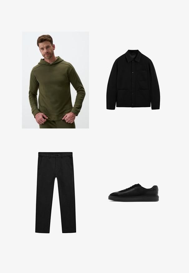 Zwarte button-up jas met een kraag, lange mouwen en drie voorzakken, weergegeven op een witte achtergrond.; Olijfgroene hoodie van zachte stof, met een capuchon, lange mouwen en geribde manchetten. Gladde textuur en minimalistisch ontwerp.; Zwarte katoenen broek met een rechte pijp, voorzakken en een klassieke knoopsluiting met een ritssluiting. Soepele textuur, nauwsluitende pasvorm.; Zwarte leren sneakers met een gladde afwerking, ronde neus, vetersluiting aan de voorkant en een contrasterende, gestructureerde tong. Dikke zwarte rubberen zool.