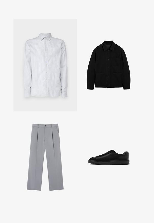 Schwarze Knopfjacke mit Kragen, langen Ärmeln und drei Vorderentaschen, auf einem weißen Hintergrund präsentiert.; Hellblau gestreiftes Langarmhemd aus Baumwollstoff. Verfügt über einen klassischen Kragen, eine Knopfleiste und schmale Manschetten mit passenden Streifen.; Grau gefaltete Hose mit entspannter Passform, aus leichtem Stoff gefertigt. Verfügt über Vordertaschen und einen Knopfverschluss an der Taille.; Schwarze Ledersneaker mit glatter Oberfläche, runder Zehenpartie, Schnürung vorne und einer kontrastierenden strukturierten Lasche. Dicke schwarze Gummisohle.