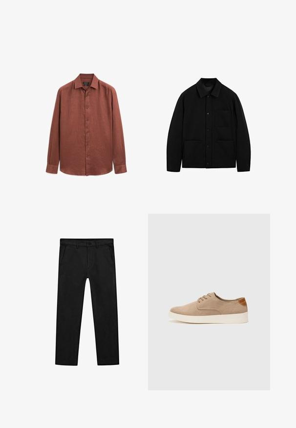 Sort skjortejakke med krave, lange ærmer og tre forlommer, præsenteret på en hvid baggrund.; Langærmet skjorte i rustfarvet linned, med knaplukning foran, en klassisk krave og ensfarvede manchetter. Glat tekstur med en let glans.; Sorte bomuldsbukser med lige ben, forlommer og en klassisk knaplukning med lynlås. Glat tekstur, skræddersyet pasform.; Beige ruskinds sneakers med rund tå, snørebånd foran og en struktureret rygdetalje. Hvid gummisål giver kontrast. Enkel og moderne design.