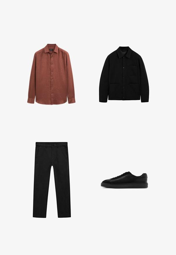 Schwarze Knopfjacke mit Kragen, langen Ärmeln und drei Vorderentaschen, auf einem weißen Hintergrund präsentiert.; Langärmliges Hemd aus rostfarbener Leinenware, mit Knopfleiste, klassischem Kragen und schlichten Manschetten. Glatte Textur mit leichtem Glanz.; Schwarze Baumwollhose mit geradem Bein, Vorderentaschen sowie klassischem Knopfverschluss und Reißverschluss. Glatte Textur, maßgeschneiderte Passform.; Schwarze Ledersneaker mit glatter Oberfläche, runder Zehenpartie, Schnürung vorne und einer kontrastierenden strukturierten Lasche. Dicke schwarze Gummisohle.
