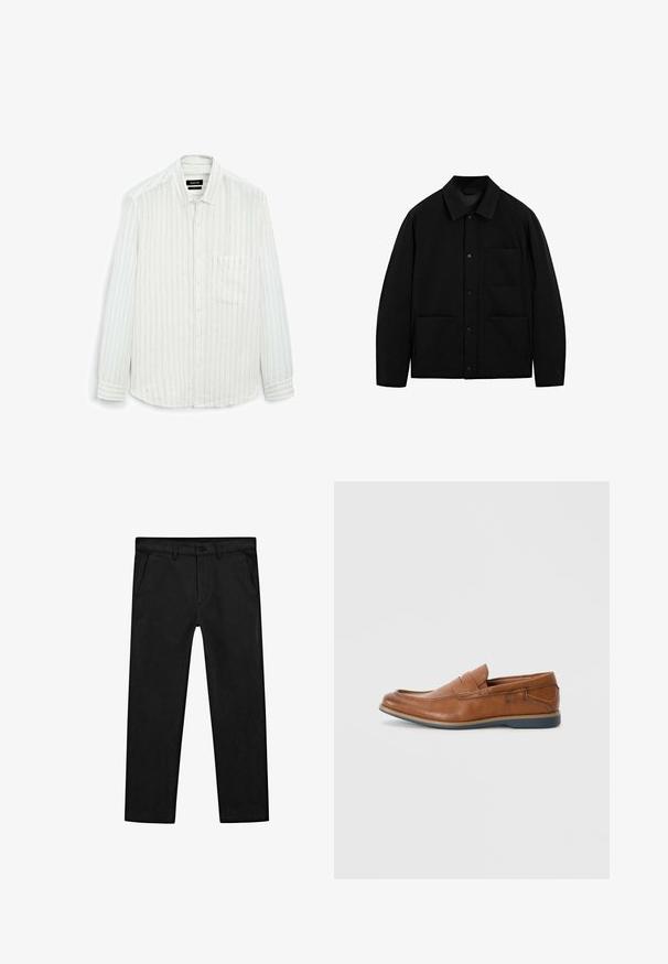 Black button-up jacket with a collar, long sleeves, and three front pockets, displayed on a white background.; White long-sleeve shirt with thin vertical stripes. Button-up design, single breast pocket, and a soft textured fabric with a relaxed fit.; Black cotton pants featuring a straight-leg design, front pockets, and a classic button closure with a zip fly. Smooth texture, tailored fit.; Brown leather loafers with a round toe, stitched accents, and a low rubber sole. The design features a band across the upper.