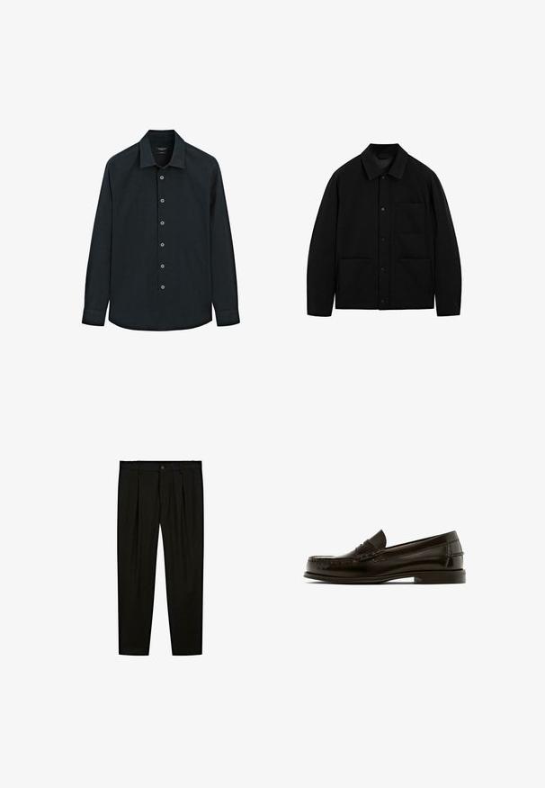 Zwarte button-up jas met een kraag, lange mouwen en drie voorzakken, weergegeven op een witte achtergrond.; Zwarte overhemd met lange mouwen en knopen aan de voorkant, zeven knopen en manchetten, weergegeven op een witte achtergrond.; Zwarte op maat gemaakte broeken van soepel materiaal. Kenmerken zijn een platte voorkant, brede pijpen en een knoopsluiting bij de taille.; Bruine leren instappers met een ronde neus, decoratieve stiksels en een lage hak. Gladde textuur met minimale hardware en een klassiek ontwerp.