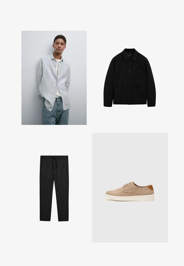 Zwarte button-up jas met een kraag, lange mouwen en drie voorzakken, weergegeven op een witte achtergrond.; Lichtblauw en wit gestreepte button-up shirt met een kraag, gecombineerd met lichtblauwe denim jeans. Soepele stof, relaxte pasvorm en lange mouwen.; Massimo Dutti JOGGER FIT - Broek - black; Beige suède sneakers met een ronde neus, vetersluiting aan de voorkant en een getextureerde achteraccent. De witte rubberen zool zorgt voor contrast. Eenvoudig en modern ontwerp.