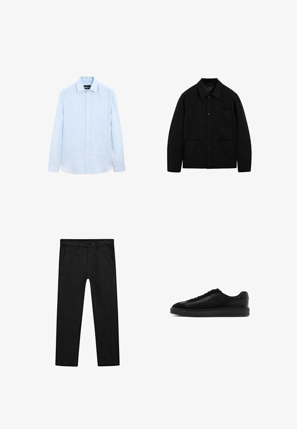 Zwarte button-up jas met een kraag, lange mouwen en drie voorzakken, weergegeven op een witte achtergrond.; Lichtblauwe lange mouwen overhemd met knoopsluiting, gemaakt van textuurstof; heeft een klassieke kraag en knoopsluiting, met een iets ontspannen pasvorm.; Zwarte katoenen broek met een rechte pijp, voorzakken en een klassieke knoopsluiting met een ritssluiting. Soepele textuur, nauwsluitende pasvorm.; Zwarte leren sneakers met een gladde afwerking, ronde neus, vetersluiting aan de voorkant en een contrasterende, gestructureerde tong. Dikke zwarte rubberen zool.