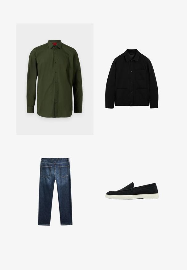 Zwarte button-up jas met een kraag, lange mouwen en drie voorzakken, weergegeven op een witte achtergrond.; HUGO VALERIO - Zakelijk overhemd - dark green; Donkerblauwe denim jeans met een rechte pijp, vijf zakken en contrasterende stiksels. Heeft een schone tailleband en zoom.; Zwarte suède instappers met een lage profiel en witte rubberen zolen. Heeft een ronde neus en subtiele stiksels.