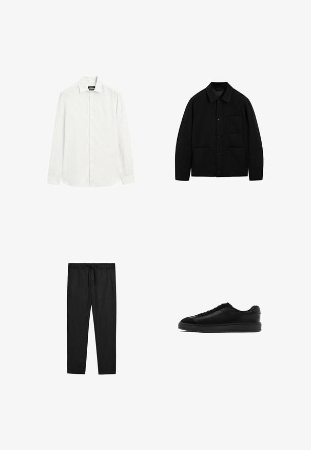 Giacca nera con bottoni, colletto, maniche lunghe e tre tasche frontali, esposta su uno sfondo bianco.; Camicia a maniche lunghe di colore grigio chiaro con sottili righe verticali. Collo alla francese, chiusura frontale con bottoni e polsini con un bottone. Tessuto testurizzato.; Massimo Dutti JOGGER FIT - Pantaloni - black; Sneaker in pelle nera con finitura liscia, punta rotonda, laccio frontale e linguetta testurizzata a contrasto. Suola in gomma nera spessa.
