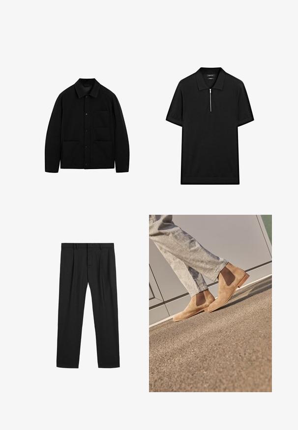 Veste noire à boutons avec un col, des manches longues et trois poches avant, présentée sur un fond blanc.; Polo-shirt noir à manches courtes avec col montant et fermeture éclair à l'avant. Fabriqué en tissu lisse avec un design épuré et minimaliste.; Pantalons plissés noirs en tissu lisse, dotés d'une taille classique et d'une coupe droite. Aucun motif ou quincaillerie visible.; Bottines Chelsea en daim marron avec des panneaux latéraux en élastiquem et une semelle en caoutchouc lisse couleur tan, associées à un pantalon gris clair sur une surface texturée.