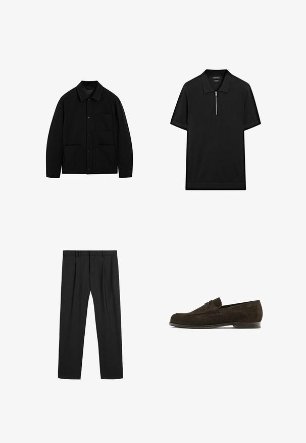Sort skjortejakke med krave, lange ærmer og tre forlommer, præsenteret på en hvid baggrund.; Sort kortærmet polo skjorte med ståkrave og frontlynlås. Lavet af et glat stof med et rent, minimalistisk design.; Sorte plisserede bukser lavet af et glat stof, med en traditionel talje og lige ben design. Ingen synlige mønstre eller hardware.; Brune ruskinds loafers med en rund tå, der har en dekorativ rem over det øverste, og en lav læderhæl. Glat tekstur og minimalistisk design.