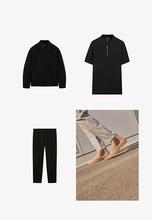 Schwarze Knopfjacke mit Kragen, langen Ärmeln und drei Vorderentaschen, auf einem weißen Hintergrund präsentiert.; Schwarzes kurzärmliges Poloshirt mit Stehkragen und einem Reißverschluss vorne. Hergestellt aus einem glatten Stoff mit einem klaren, minimalistischen Design.; Schwarze maßgeschneiderte Hose aus glattem Stoff. Zu den Merkmalen gehören eine flache Vorderseite, weite Beine und ein Knopfverschluss am Taillenbund.; Braune Wildleder Chelsea Boots mit elastischen Seitenpaneelen und einer glatten, tanfarbenen Gummisohle, kombiniert mit hellgrauen Hosen auf einer strukturierten Oberfläche.