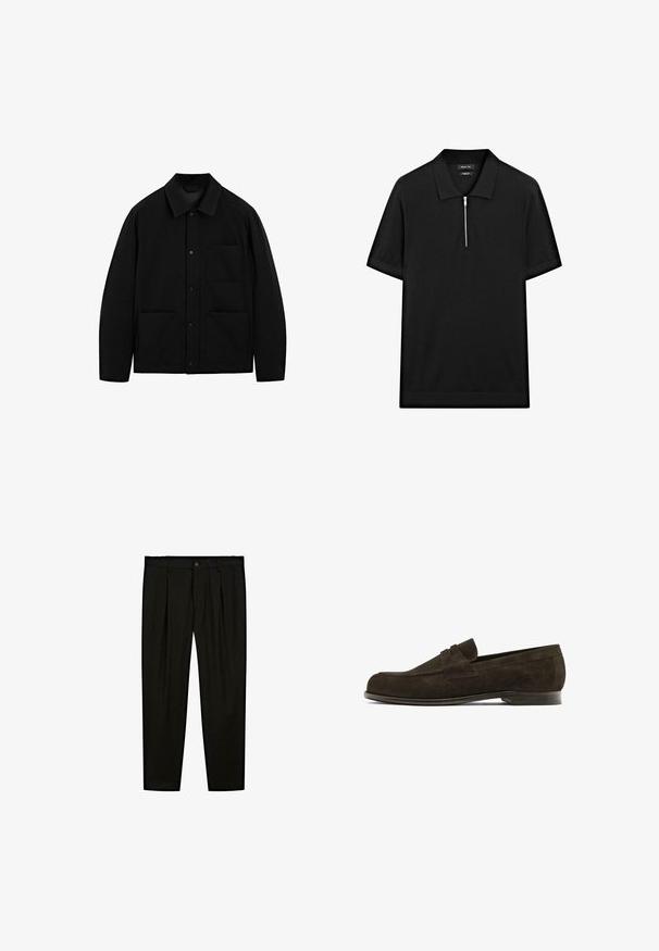 Sort skjortejakke med krave, lange ærmer og tre forlommer, præsenteret på en hvid baggrund.; Sort kortærmet polo skjorte med ståkrave og frontlynlås. Lavet af et glat stof med et rent, minimalistisk design.; Sorte skræddersyede bukser lavet af glat stof. Funktioner inkluderer flad front, brede ben og en knaplukning i taljen.; Brune ruskinds loafers med en rund tå, der har en dekorativ rem over det øverste, og en lav læderhæl. Glat tekstur og minimalistisk design.