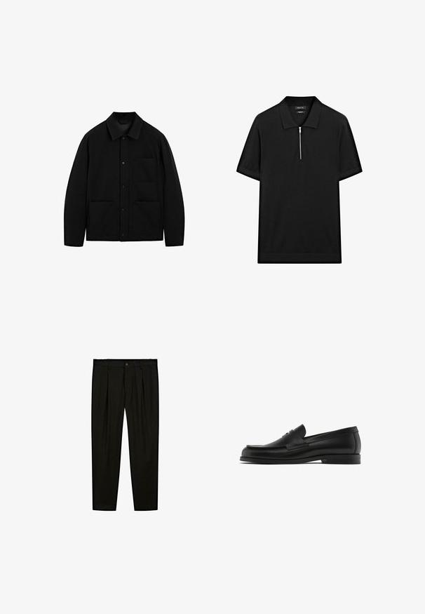 Black button-up jacket with a collar, long sleeves, and three front pockets, displayed on a white background.; Black short-sleeve polo shirt with a stand collar and a front zipper. Made of a smooth fabric with a clean, minimalist design.; Black tailored trousers made of smooth fabric. Features include flat front, wide legs, and a button closure at the waistband.; Black leather loafers with a rounded toe, stitching details, and a decorative leather strap across the vamp; flat rubber sole.