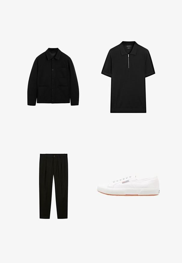 Zwarte button-up jas met een kraag, lange mouwen en drie voorzakken, weergegeven op een witte achtergrond.; Zwarte polo met korte mouwen, een staande kraag en een rits aan de voorkant. Gemaakt van een gladde stof met een schoon, minimalistisch ontwerp.; Zwarte op maat gemaakte broeken van soepel materiaal. Kenmerken zijn een platte voorkant, brede pijpen en een knoopsluiting bij de taille.; Witte canvas sneakers met een rubberen zool, vetersluiting en een klein logolabel aan de zijkant. Gewreven wit bovenwerk en een bruine zool.